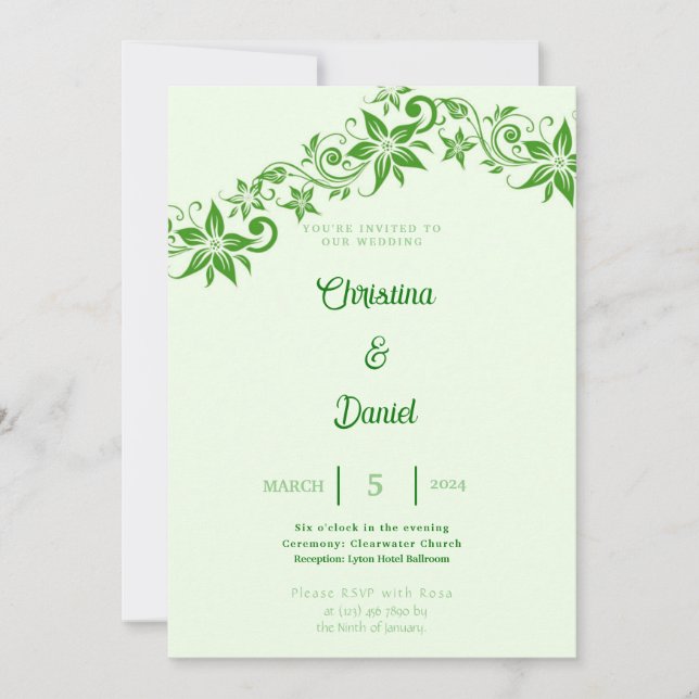 Abstract Green Floral & Leaves Wedding Invitation (Front)