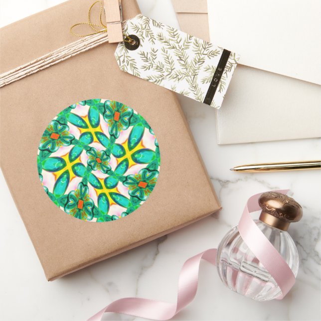 Abstract Green Flowers Pattern Classic Round Sticker (Gifting)