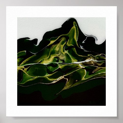 Abstract Green Gold Black White Paint Fluid Art Poster