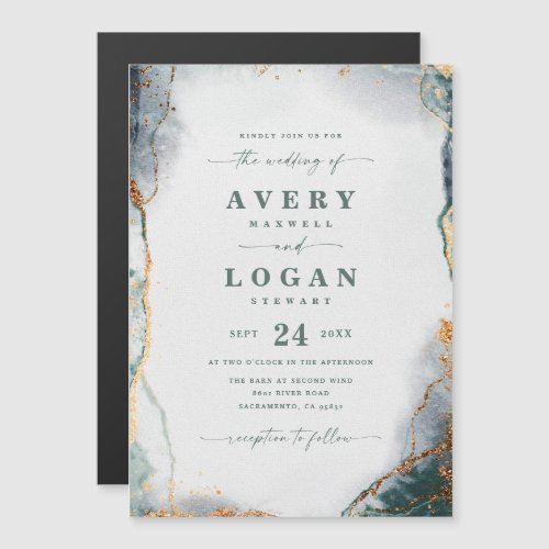 Abstract Green  Gold Magnetic Wedding Invitation