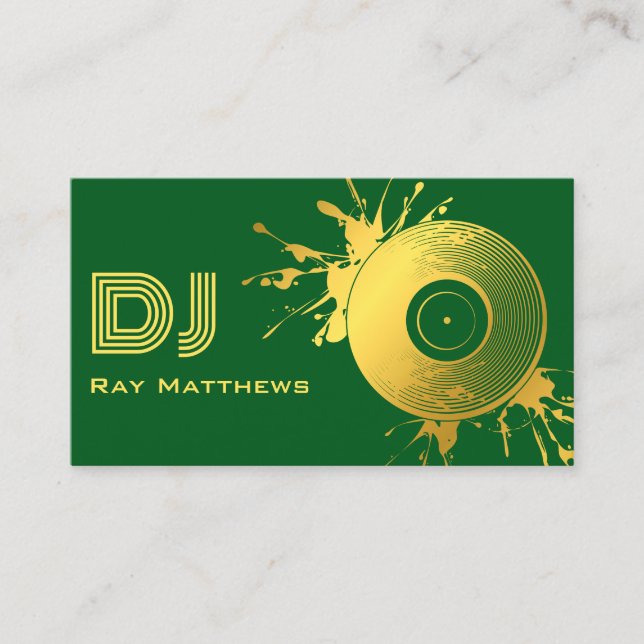 Abstract Green Gold Music Disc DJ Business Card (Front)