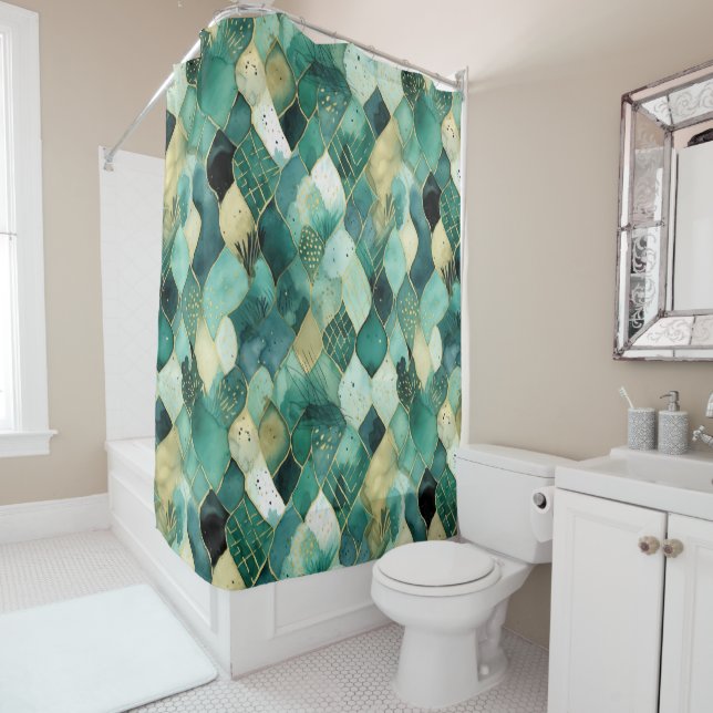 Abstract Green Gold Shower Curtain (In Situ)