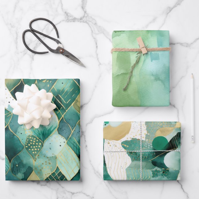 Abstract Green Gold Wrapping Paper Sheets (Front)
