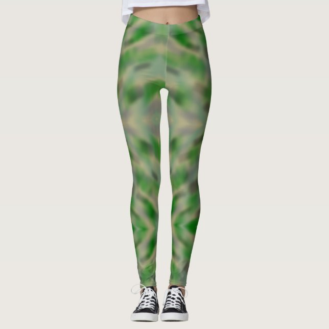 Abstract green gray camouflage design leggings (Front)