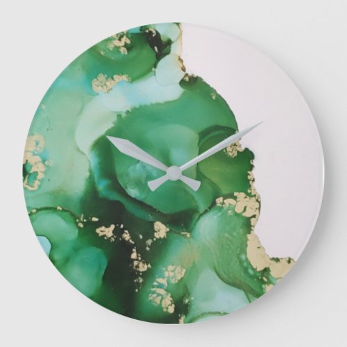 Abstract Green Ink Fluid Art Large Clock