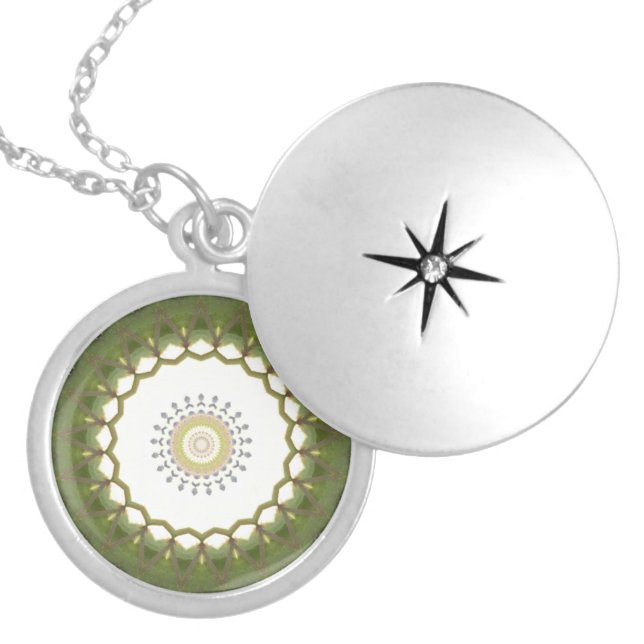 Abstract green lace Kaleidoscope Silver Plated Necklace (Front)