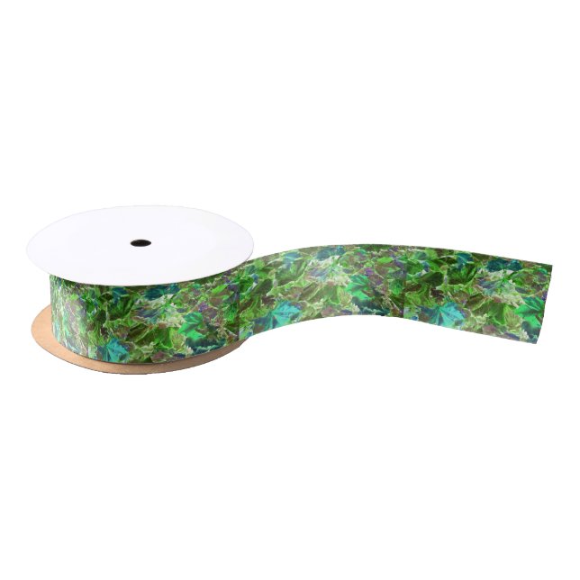 Abstract Green Leaves Foliage Satin Ribbon (Spool)