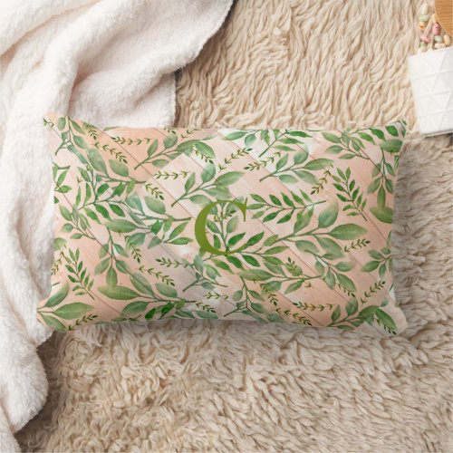 Abstract Green Leaves on Tan Faux Wood Background Lumbar Pillow