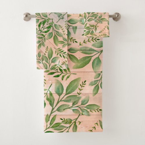 Abstract Green Leaves on Tan Wood Bath Towel Set
