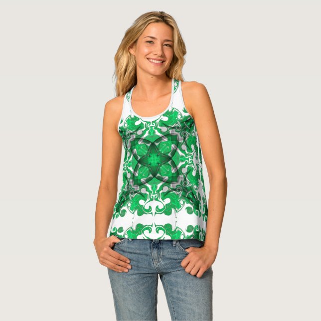 Abstract green mandala psychedelic butterfly swirl tank top (Front Full)