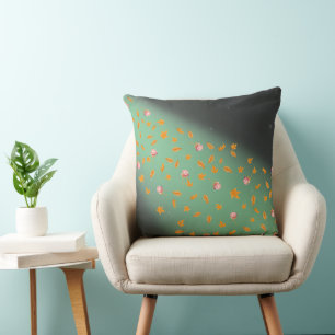 Abstract green moonlight autumn leaves roses throw pillow