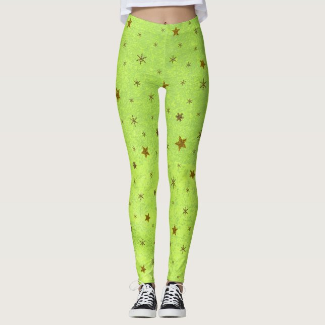 Abstract green paper with gold sparkly stars leggings (Front)