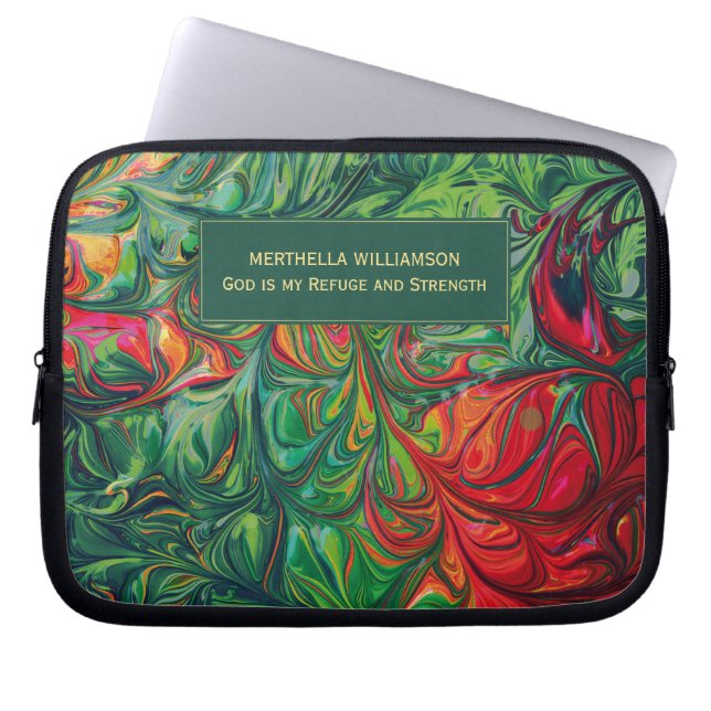 Abstract GREEN Personalized Christian Scripture Laptop Sleeve (Front)