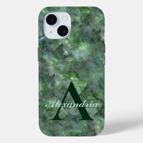 Abstract green quartz marble granite monogram iPhone 15 case