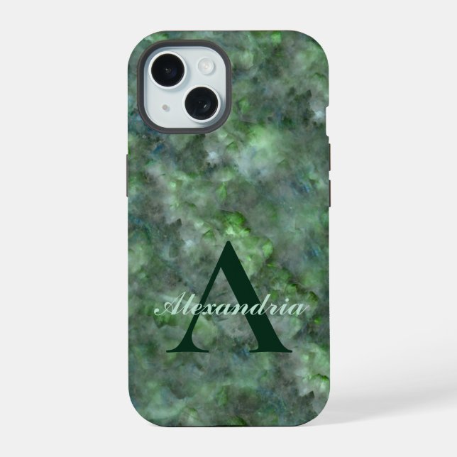Abstract green quartz marble granite monogram iphone case (Back)