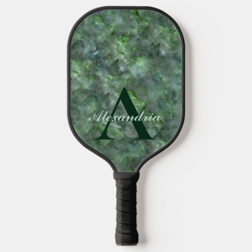 Abstract green quartz marble granite monogram pickleball paddle