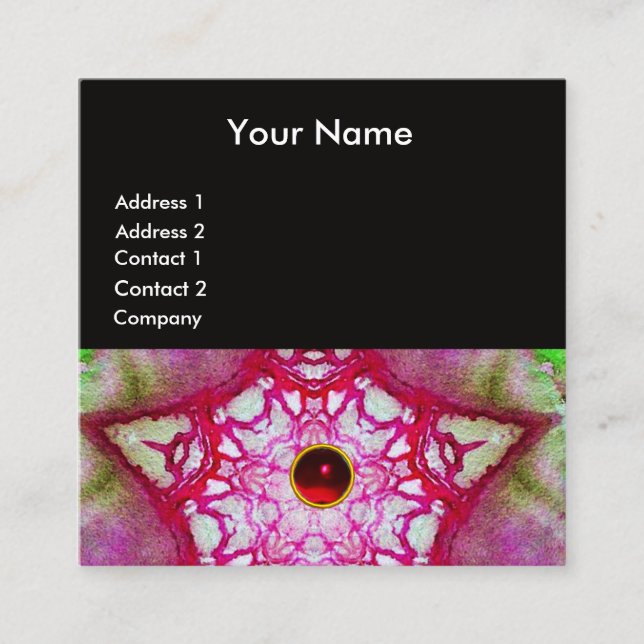 ABSTRACT GREEN RED STAR ,RUBY GEMSTONE MONOGRAM SQUARE BUSINESS CARD (Front)