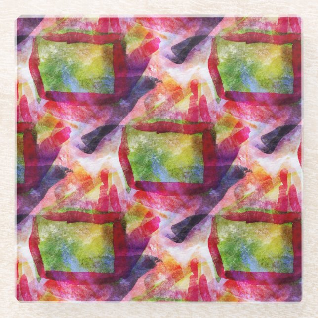 Abstract green, red wallpaper glass coaster (Front)