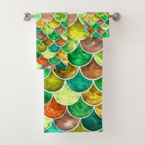 Abstract Green Scales Pattern Bath Towel Set