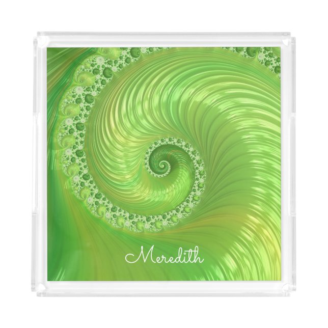 Abstract Green Spiral Fractal With Name Acrylic Tray (Front)