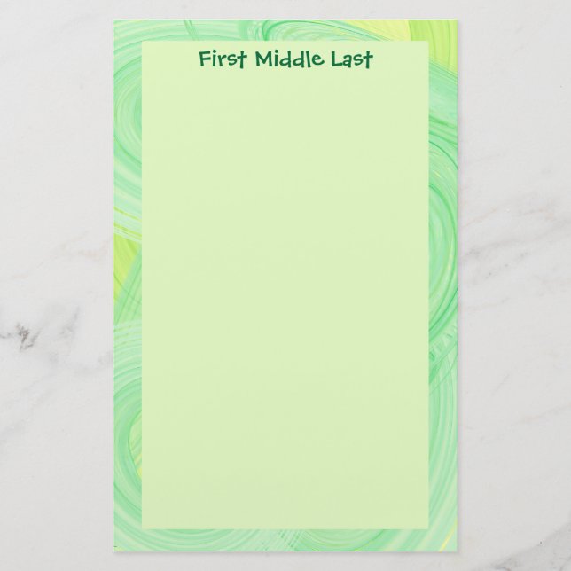 Abstract Green Swirl Border Personalized Stationery (Front)