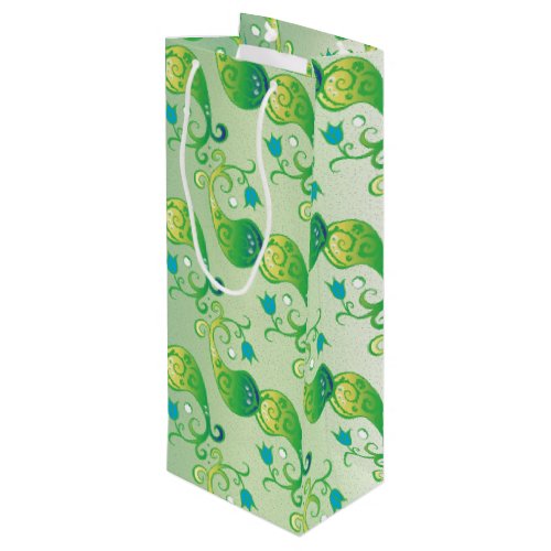 Abstract Green Tulip Boteh Floral Pattern Wine Gift Bag