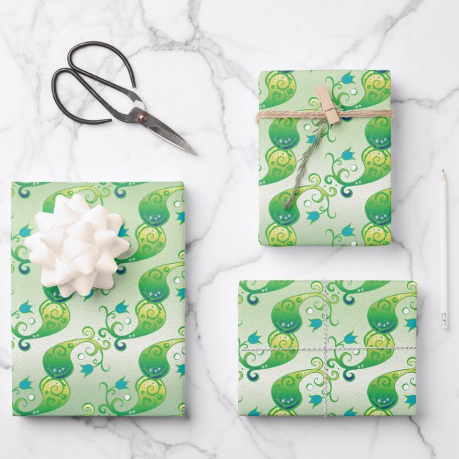 Abstract Green Tulip Boteh Floral Pattern Wrapping Paper Sheets (Front)