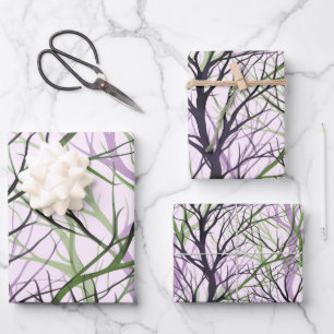Abstract green violet tree branches wrapping paper sheets