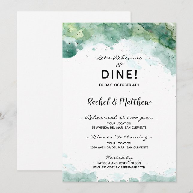 Abstract Green Watercolor Rehearsal Dinner Invitation (Front/Back)