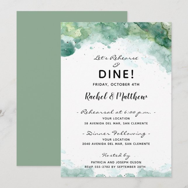 Abstract Green Watercolor Rehearsal Dinner Invites (Front/Back)