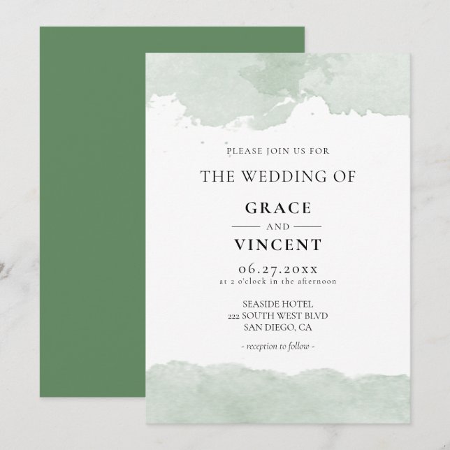 Abstract green watercolor wedding invitation (Front/Back)