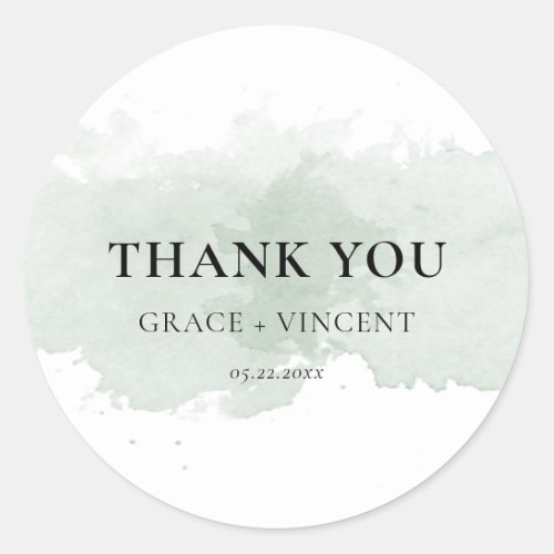Abstract green watercolor Wedding thank you Classic Round Sticker