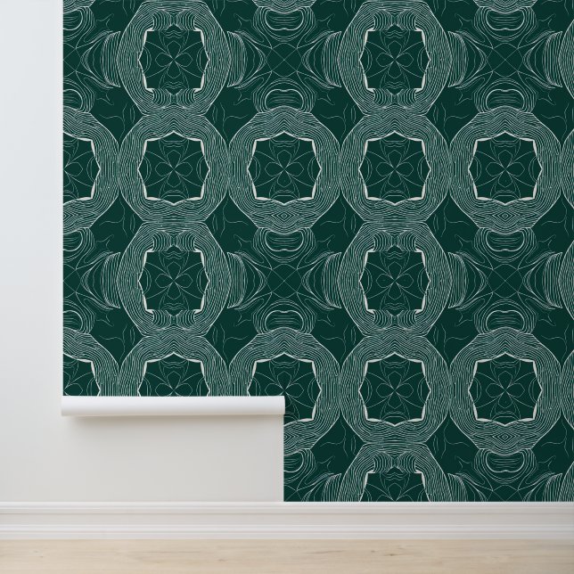 Abstract Green & White Floral Line Pattern Wallpaper (Application)