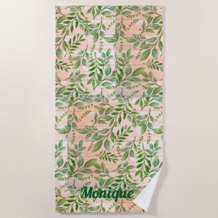 Abstract Greenery on Faux Wood Background Beach Towel