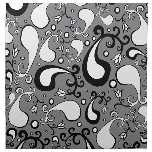 Abstract grey and white Tulip Paisley pattern Cloth Napkin (Front)