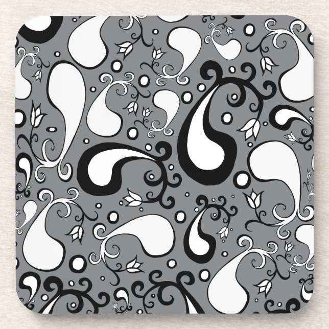 Abstract grey and white Tulip Paisley pattern Drink Coaster (Front)