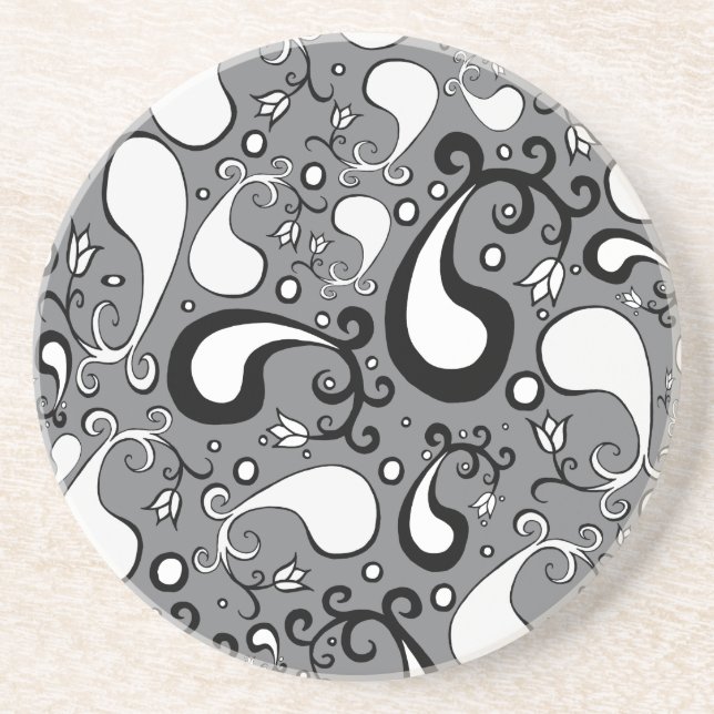 Abstract grey and white Tulip Paisley pattern Drink Coaster (Front)