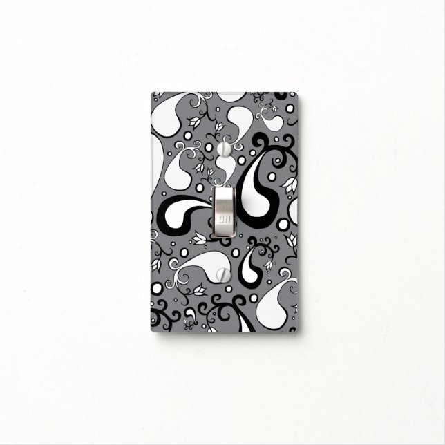 Abstract grey and white Tulip Paisley pattern Light Switch Cover (In Situ)