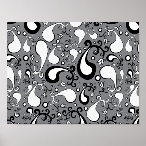 Abstract grey and white Tulip Paisley pattern Poster