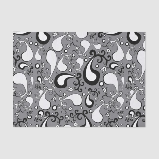 Abstract grey and white Tulip Paisley pattern Tissue Paper (Front)