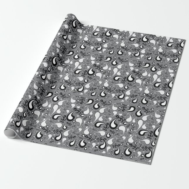 Abstract grey and white Tulip Paisley pattern Wrapping Paper (Unrolled)