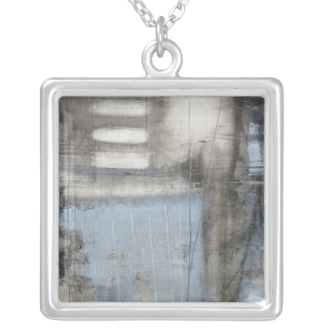 Abstract Grey & Blue Painting Silver Plated Necklace (Front)
