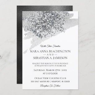 *~* Abstract Grey Brush Stroke Silver Glitter Invitation