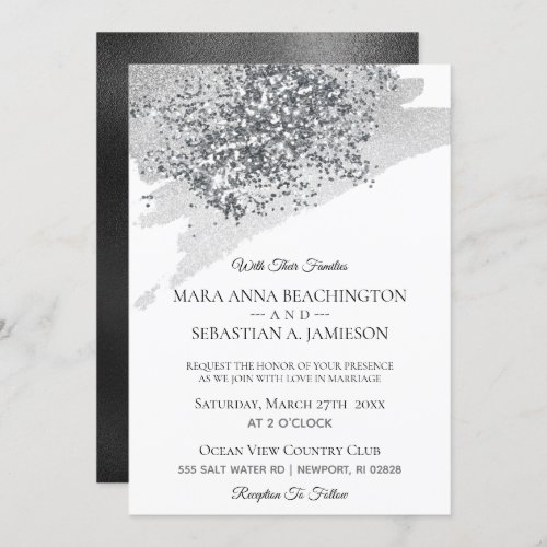  Abstract Grey Brush Stroke Silver Glitter Invitation