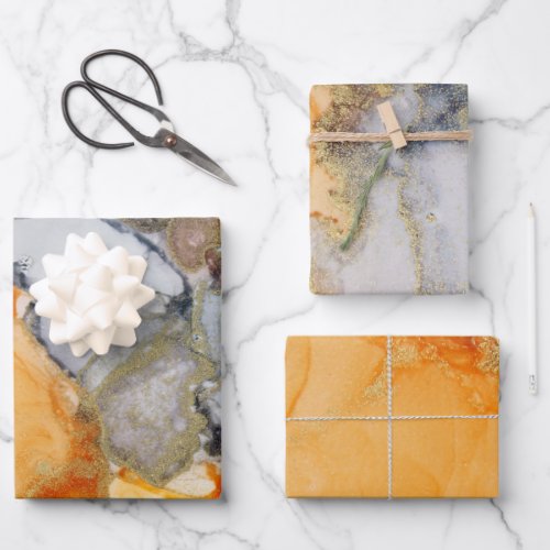 Abstract Grey Orange Gold Alcohol Ink  Wrapping Paper Sheets