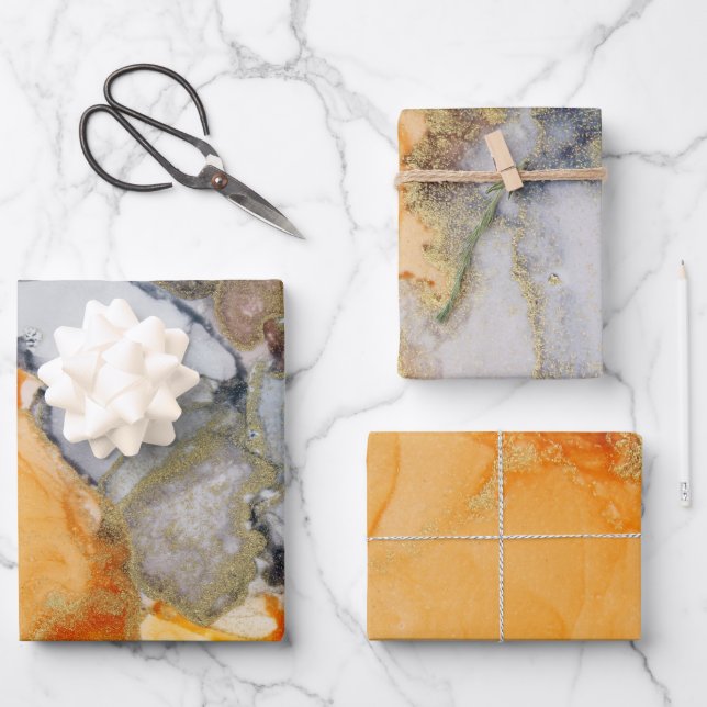 Abstract Grey Orange Gold Alcohol Ink  Wrapping Paper Sheets (Front)