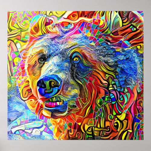 Abstract Grizzly Bear Portrait Painting Poster
