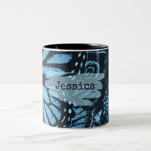 Abstract Grunge Blue Butterfly Art Personalised Two_Tone Coffee Mug