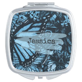 Abstract Grunge Blue Butterfly Art Personalized Compact Mirror by LouiseBDesigns at Zazzle