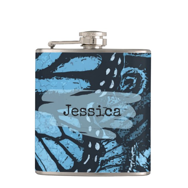 Abstract Grunge Blue Butterfly Art Personalized Flask (Front)